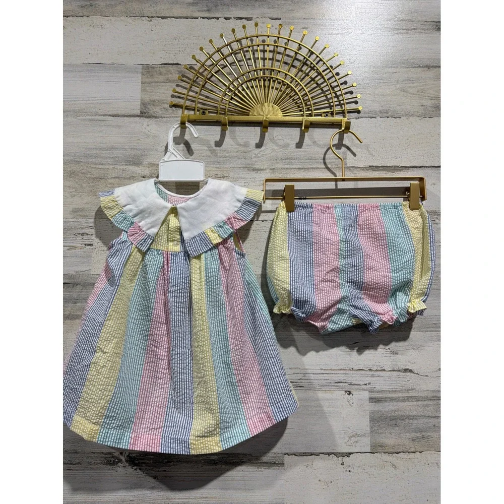 Cuties by Judy Vintage Seersucker Dress Set Girls 24M Stripe Floral Cottagecore